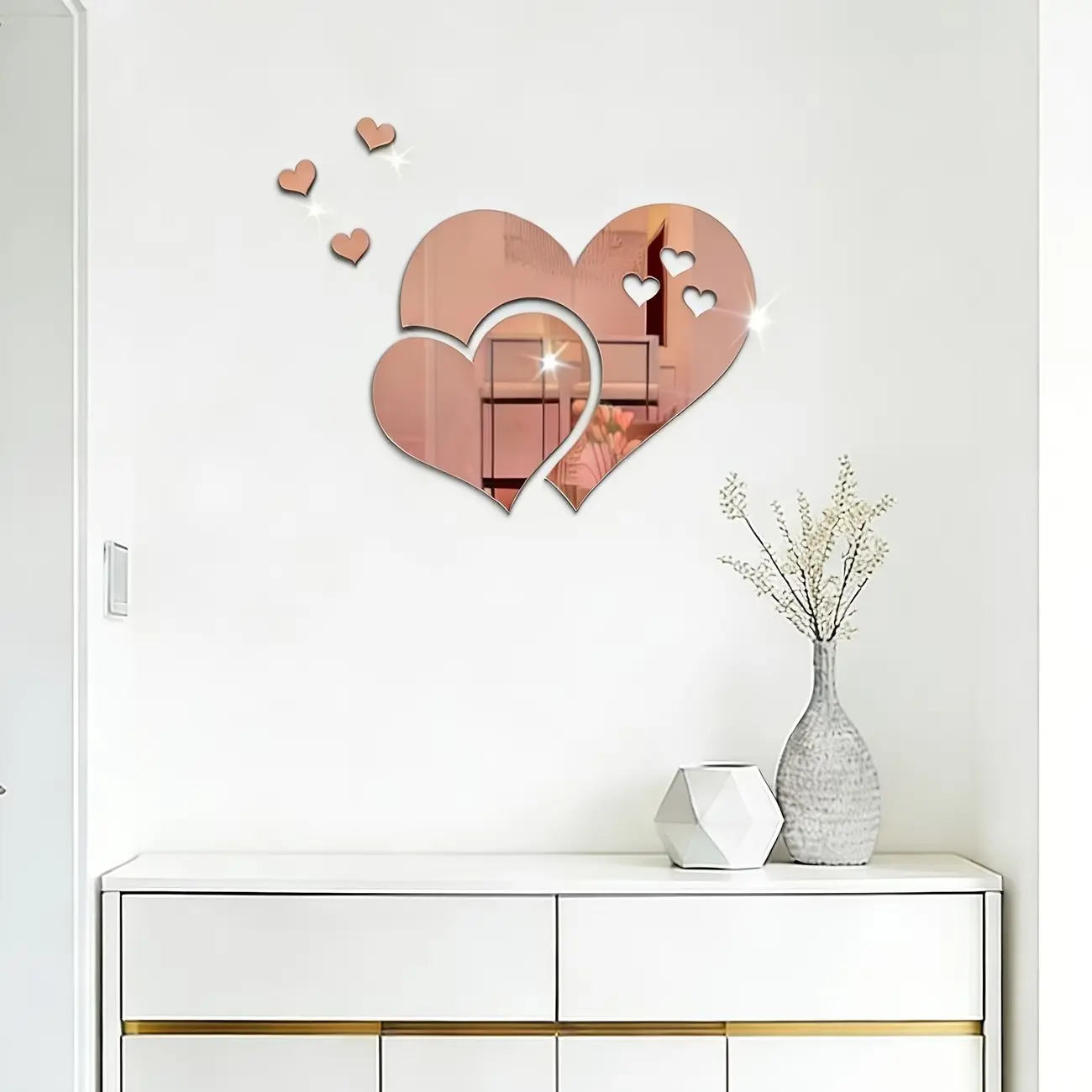5pcs， Rose gold heart-shaped acrylic mirror wall sticker, creative background wall decoration, self-adhesive and removable, suitable for home decoration, simple mirror wall sticker, fashionable decoration gift, Wall Decal, Stickers Decor