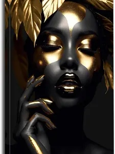 African Art Wall Decor Elegant African American Wall Art Black and Gold Leaf Women Portrait Print Painting Framed for Home Living Room Bedroom Decor