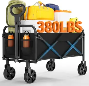 Wagons Carts Foldable, Utility Collapsible Wagon with All-Terrain Wheels, Drink Holders & Adjustable Handle, 380LBS Portable Grocery Wagon for Shopping, Camping, Garden -Black