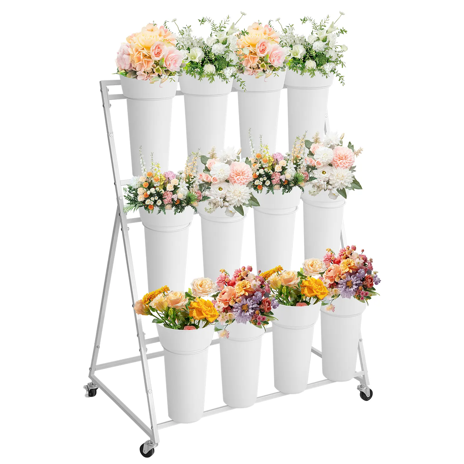 Garvee Heavy Duty 3-Tier Metal Flower Display Stand with 12 Removable Buckets and Lockable Wheels – Mobile Plant Rack for Garden, Patio, Shop, Wedding, Café – Versatile Indoor/Outdoor Floral Arrangement Cart