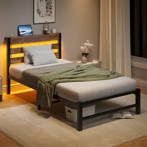 Twin Size Bed Frame Heavy Duty Platform Bed Frame with Headboard, USB Charging Station, LED Bed, No Box Spring Needed,Easy Assembly