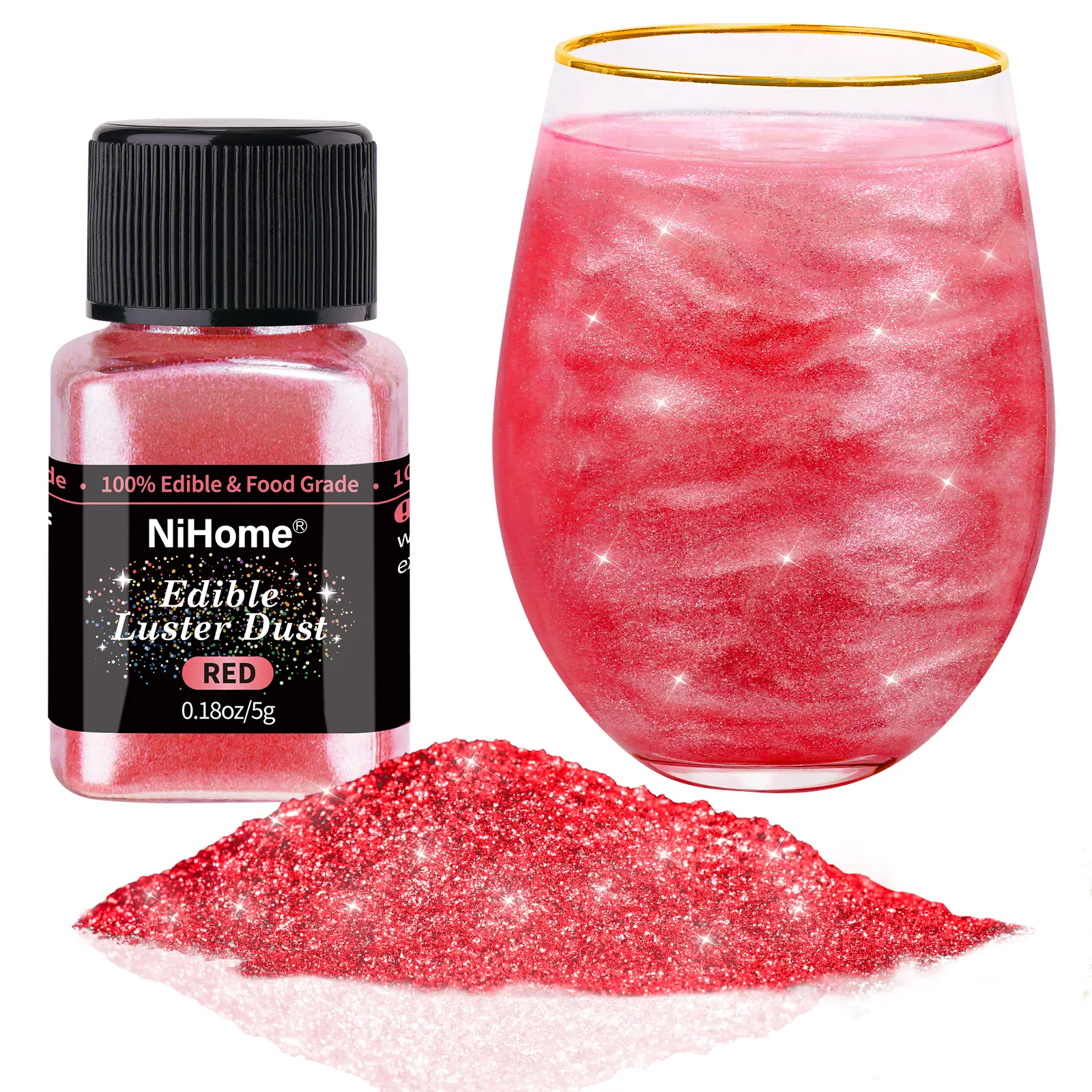 Red NiHome Edible Food-Grade Glimmer Powder Glitter Luster Dust Metallic Food Decorating Sprinkle Glimmery Dust for Drink Wine Beverage Cake Candy Dessert Bakery Restaurant Vegan