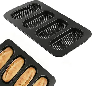 2-Pack Carbon Steel Non-Stick Perforated Hot Dog Bun & Baguette Bread Pan Tray for Baking Homemade Baguettes Hot Dog Buns