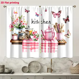 2D Flat, 2D Flat 2pcs Kitchen Valance Curtains with Pink Teapot & Floral Butterfly Print, Rod Pocket Window Decor for Home Cafe Bathroom Living Room, Cottagecore Farmhouse Style Privacy Blinds, Small Fresh Design Treatments, 2D Flat panel set darkening