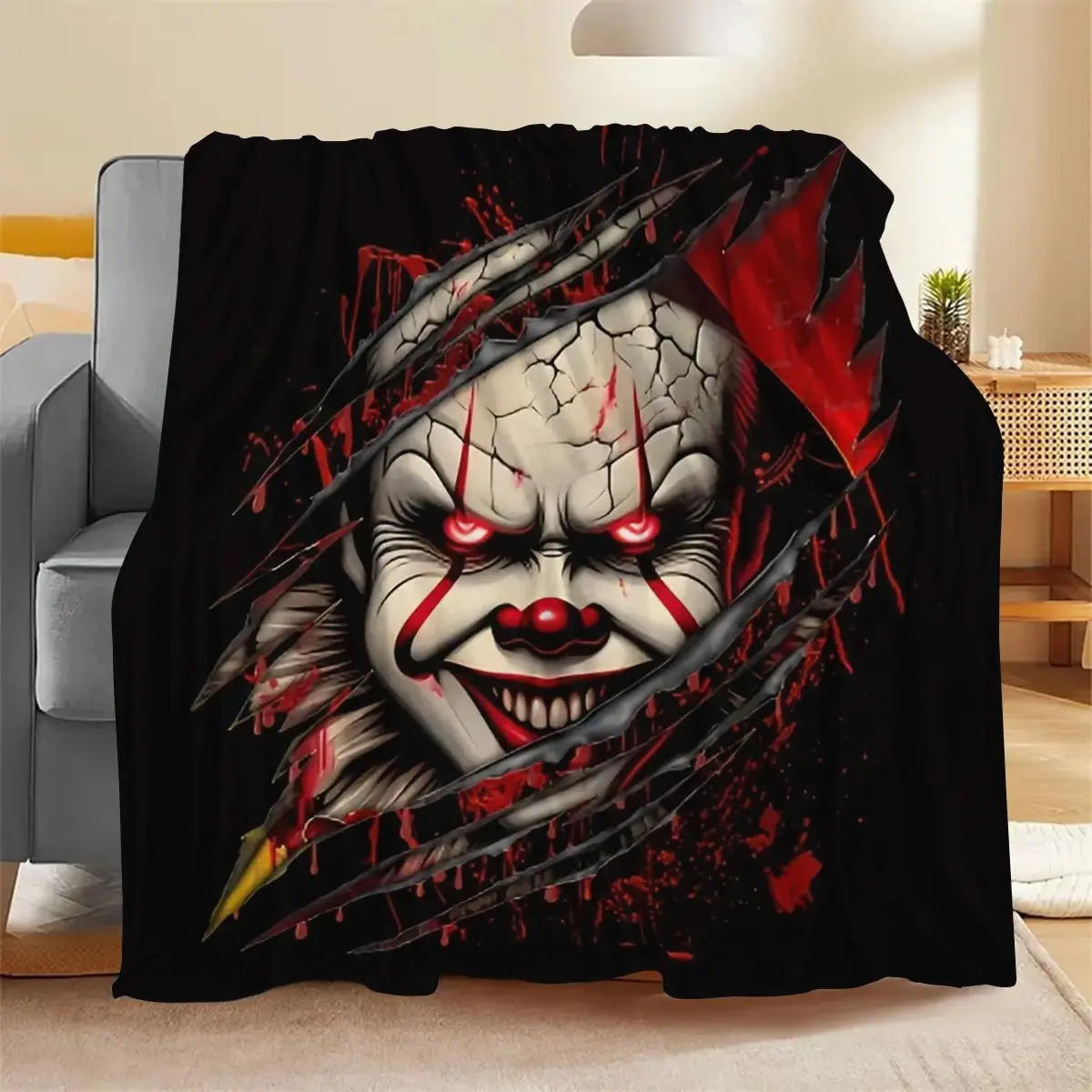 Pennywise Clown Horror Movie Throw Blanket - 280GSM Soft Flannel, Clown Print, Fade-Resistant, Red-Black Splatter & Pennywise Face Design, Machine-Washable All-Season for Home, Camping, IT Movie Fans