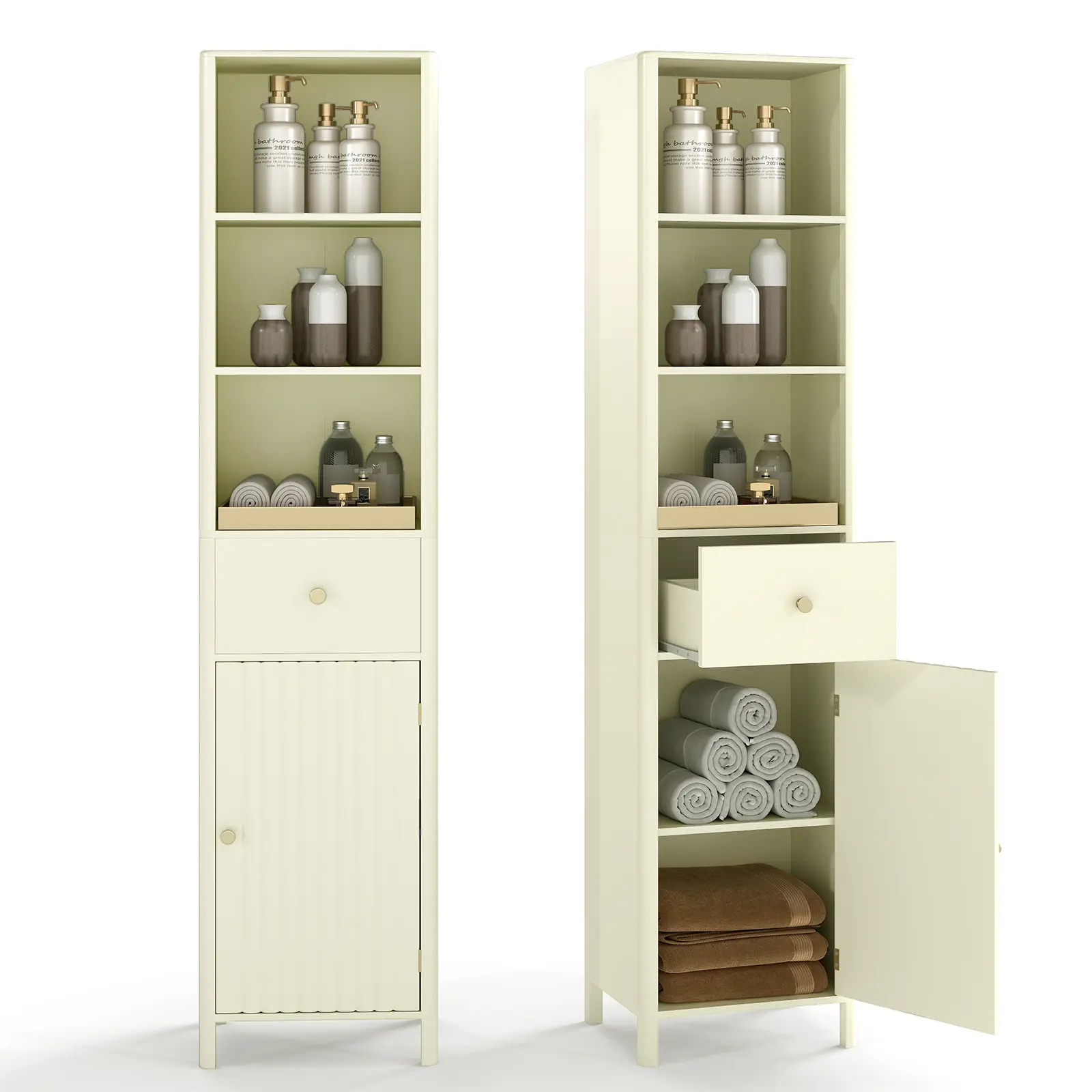 COSTWAY - 67 Inch Tall Bathroom Cabinet, Narrow Floor Cabinet with Fluted Door-Beige
