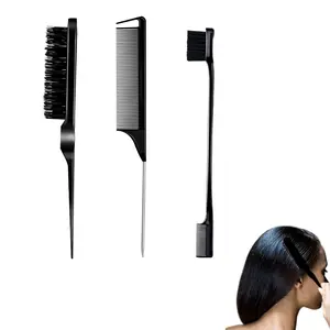3 Pieces Hair Styling Comb Set Teasing Brush Rat Tail Comb Edge Brush for Edge&Back Brushing, Combing, Slicking Hair for Women (Black), Edge Expansion Brush, Hair Detangling Comb