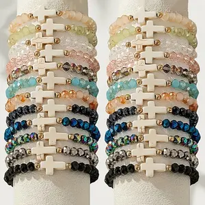 12pcs Mix Multicolor Resin Cross Elastic Bracelets - & Bright Colors with Cross Charms, Daily Wear Vacation Year Gift, for Teenager