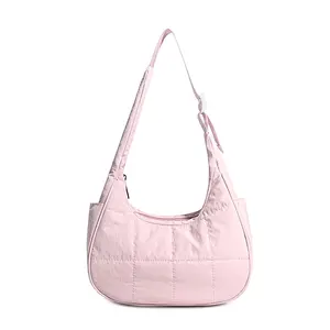 Small Puffer Crescent Shoulder Bag for Women Nylon Quilted Purses with Adjustable Strap Puffy Handbag in Pink