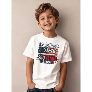 Casual Trendy Boys' T-Shirt Featuring 'We The People 1776' to Celebrate 250 Years in 2026, Designed with an American Flag Stars And Stripes Pattern, Suitable for Kids Aged 5-13 for Parties, Holidays, And Everyday Use