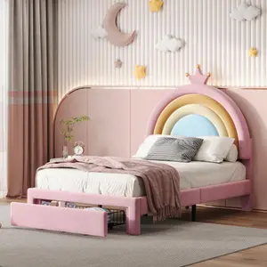 Twin/ Full Size Upholstered Rainbow Design Bed, Velvet Princess Platform Bed with Storage Drawer, No Box-spring Needed,Colorful&Pink