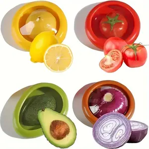 A Set of 4 Silicone Fruit And Vegetable Storage Containers, Reusable Fridge Storage Boxes, Ideal for Preserving Avocados, Tomatoes, And Perfect for Garlic, Onions, Lemons, And Potatoes.
