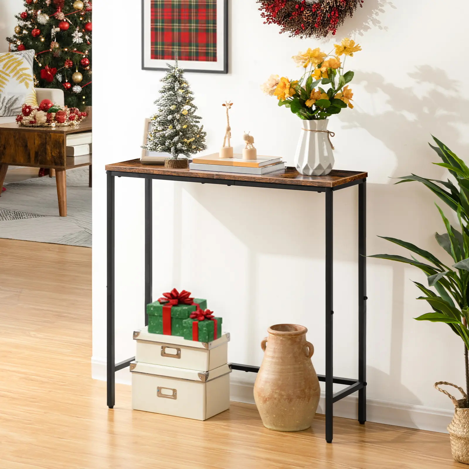 HOOBRO 29.5" Console Table with Support Bar, Thin Sofa Table, Side Table, Entryway Display Table, for Hallway, Bedroom, Living Room, Foyer, Rustic Brown and Black Hallway Table #SummerVibes
