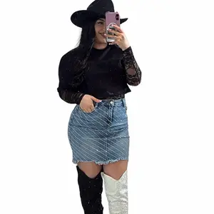 Knee-Length Skirt Rhinestone Detail Denim Skirt, Casual Style, Bottom, Womenswear Chic Everyday