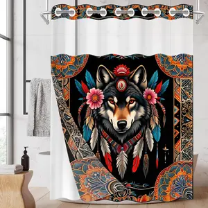 1pc hookless bathroom shower curtain with buckle lining, black background with colorful wolf head design, 2D flat printing, waterproof fabric lining, see-through double-layer shower curtain, 71 x 74 inches, modern home draping curtain.