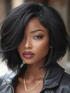 Short Yaki Straight Bob Wigs Synthetic Yaki Hair Side Part Short Cut Pixie BOB Wig Yaki Kinky Hair 12 Inch Straight Wigs With Bangs Short Cut Bob Wigs Daily Life Or Party Use Daily Wear Wig Synthetic Material, Synthetic Fiber Wigs Synthetic Machine Wigs