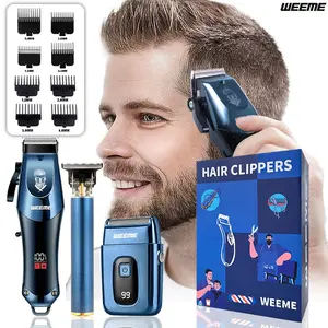 3-Piece Blue Wireless Men's Grooming Set, Hair Clipper Kit, Hair Trimmer and Shaver, Precision Edge Cutting, LED Display, USB Rechargeable Gift for Dad and Friends