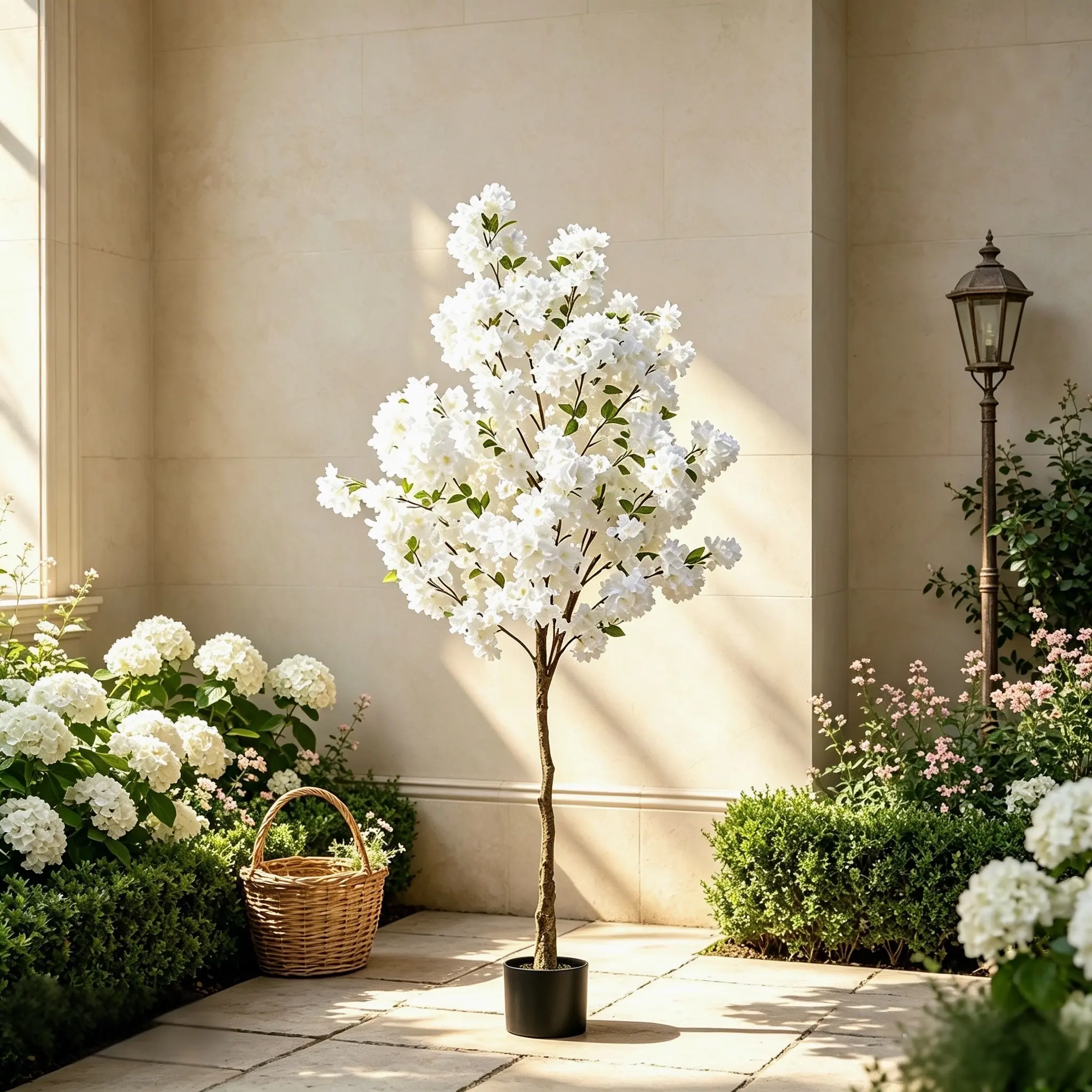 5FT Potted Artificial White Cherry Blossom Tree, Realistic Silk Artificial Plant for Wedding, Office, Garden, Party & Hotel Decor