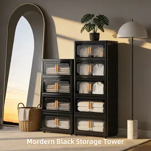 Foldable plastic storage cabinet with door and wheels, a sturdy storage rack for bedrooms, bathrooms, and kitchens—a space-saving solution suitable for moms, homeowners, and apartment residents.