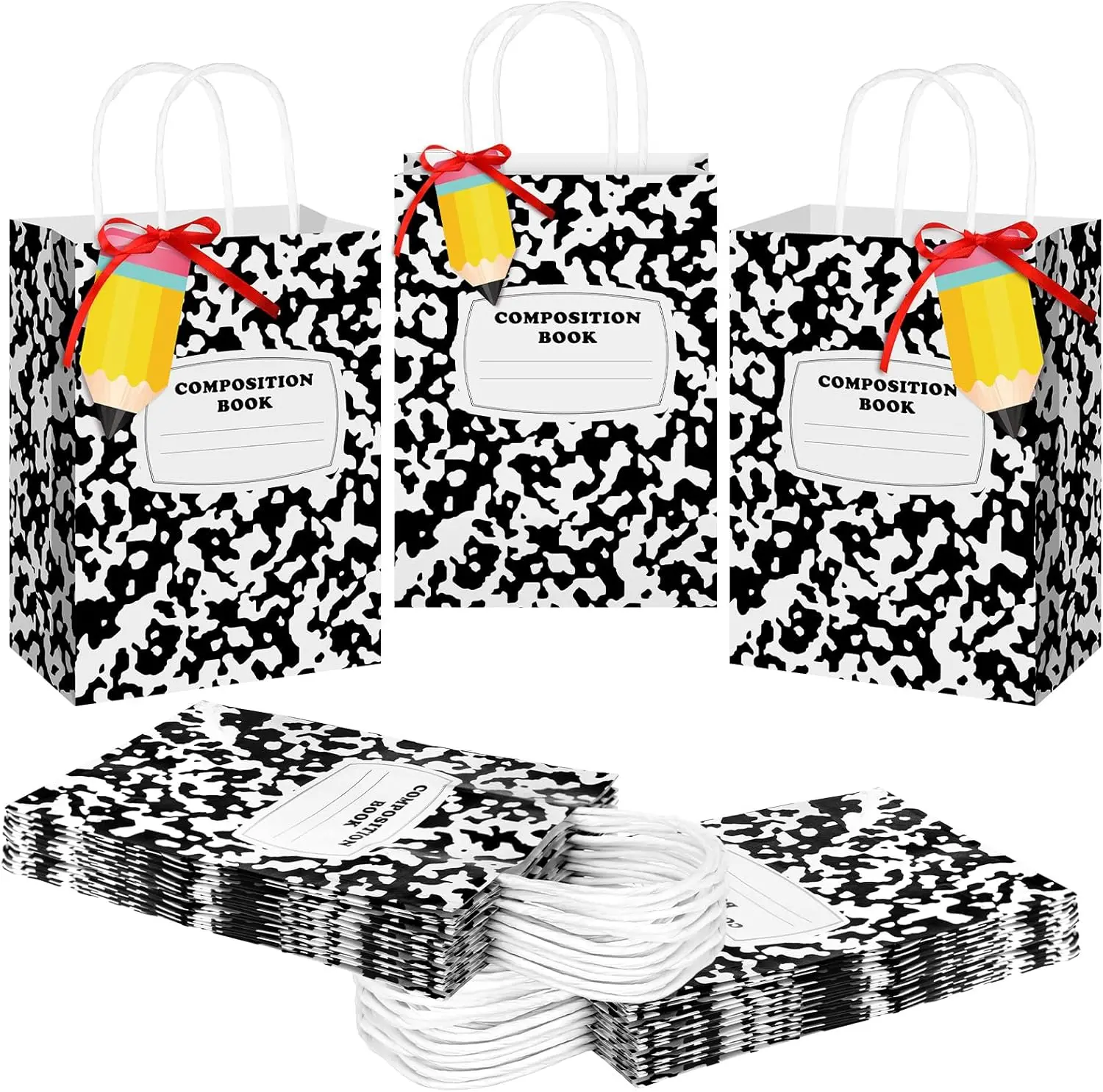 24 Pcs Back to School Gift Bags Composition Paper Bags Party Goodie Bags with Handles Notebook Line Pencil Pattern Teacher Appreciation Gifts Bag for Kindergarten Student Teacher Preschool Party Favors Wrapping