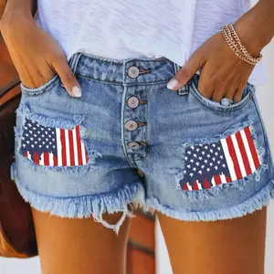 Trend Fashion Flag Motifs Patch Denim Shorts Women Tassel Trouser Legs Three Quarter Pants Summer Female Casual Mini Jeans Streetwear