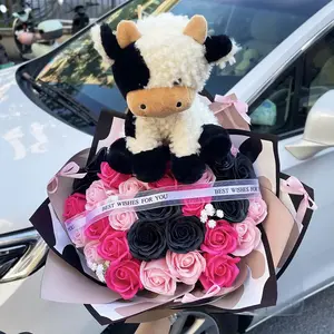 34 DIY Artificial Rose Flower & Cow Plush Bouquet, Unique Handmade Gift for Mother's Day & All Special Occasions, Beautiful Floral Decor, Artificial Bouquets, Artificial Flowers