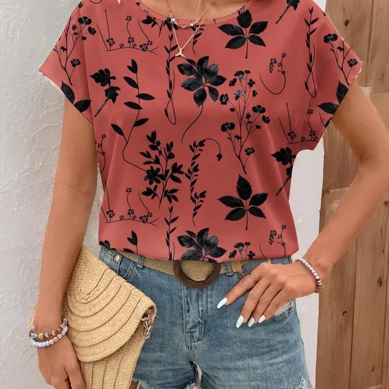 Women's Plants Print Batwing Sleeve Blouse, Casual Short Sleeve Floral Print Round Neck Top for Summer Daily Wear, Ladies Clothes for All Seasons, Boho Clothes Women, Bohemian Style, Shortsleeve Summer Top, Womenswear, Casual Printed