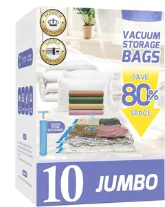 10 Pack Jumbo Vacuum Storage Bags with Hand Pump, 80% Storage Space Saving, Sturdy Leak-Free Space Saver Vacuum Seal Bags for Clothing, Vacuum Compression Bags for Travel Lugggage Blankets Comforters