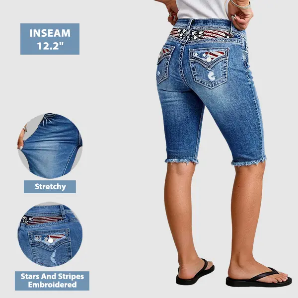 Flamingals Star & Stripe Embroidery Raw Hem Ripped High Waist Denim Bermuda Shorts Stretchy 12.2'' Inseam