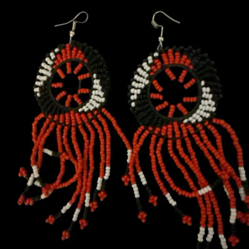 Handcrafted Beaded Earrings with Red White and Black Fringe Design for Women's Fashion