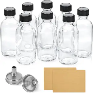8-piece set, 2-ounce small clear glass bottles with lids and 2 funnels - 60ml Boston bottles, suitable for health, immunity, medicine, beauty, samples, ginger, juice - mini personal care and beauty travel bottles