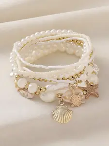 Women's Boho Shell & Starfish Bracelet Set, Artificial Pearl Party Vacation Jewelry, Beach Style Handmade Accessories, Faux Pearl
