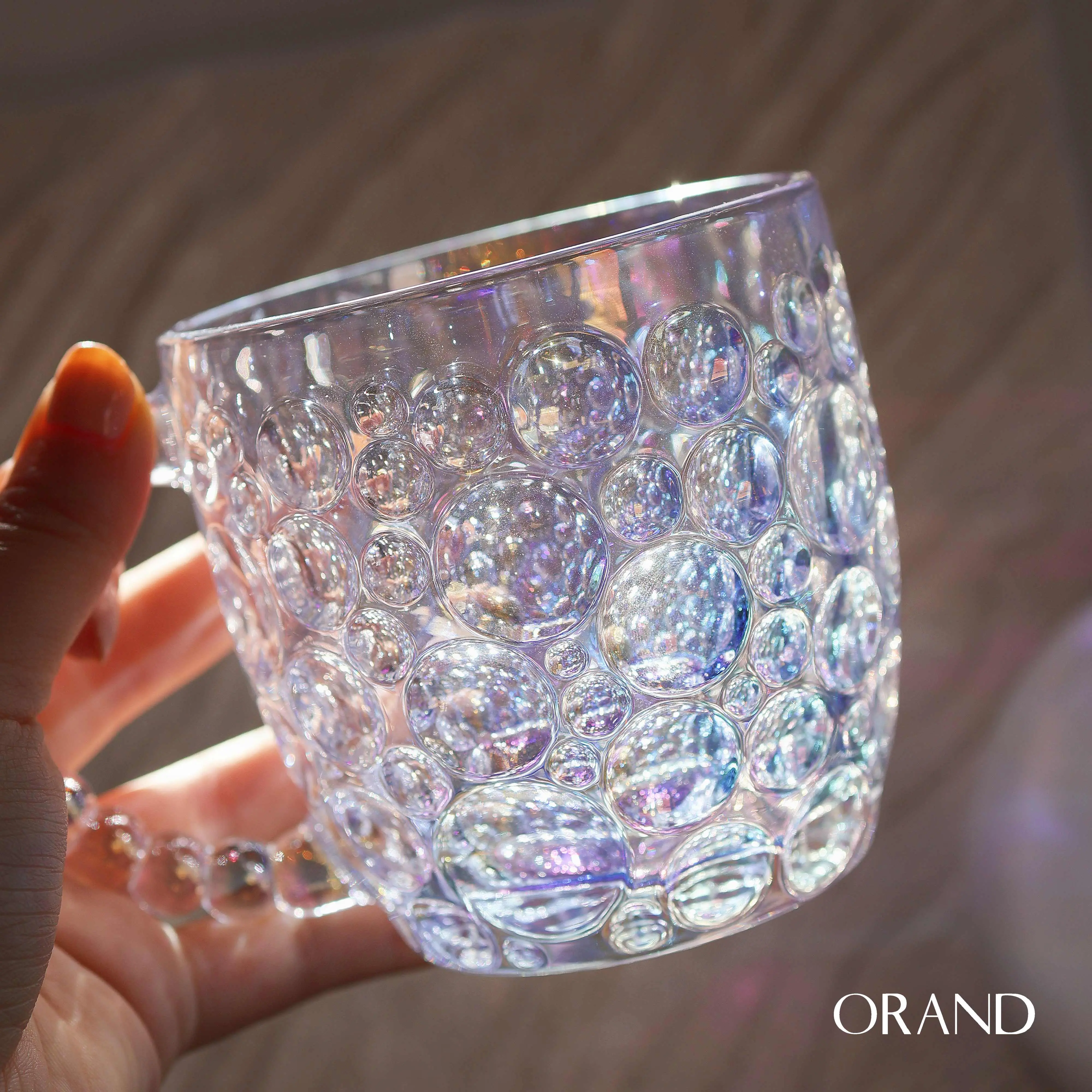 ORAND Bubble Lustered Glass Cup with Beaded Handle Rainbow Color 12oz Capacity Perfect for Coffee Tea Smoothies or Any Beverage Christmas Festival Gifts Multicolor Drinkware