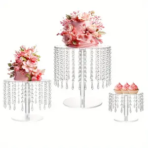 Acrylic Wedding Cake Stand Set - 3 Pcs Clear Round Cupcake Stands Dessert Display With Crystal Bling Pendants, For Wedding Events Birthday Party Baby Shower Tabletop Decorations Centerpieces, Christmas And Halloween Decorations