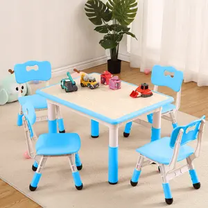 Kids Table and Chairs Set, Toddler Height Adjustable Desk with Graffiti Desktop, Arts & Crafts Table With 4 Seats, Non-Slip Legs, Max 300lbs, Suitable for Kids Table and Chairs Ages 2-10, Blue