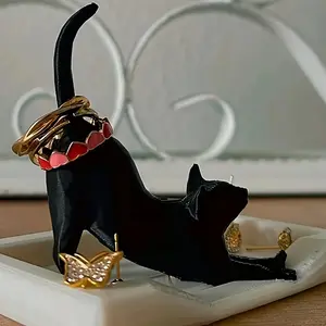 Adorable Cat Ring Holder - Jewelry Organizer with Black Cat Design, Durable Plastic Desktop Ring Stand for Engagement Wedding Bridal Gifts, Jewelry Storage Display, Jewelry Storage Box, Cat Jewelry, Playful Design, Sturdy Construction