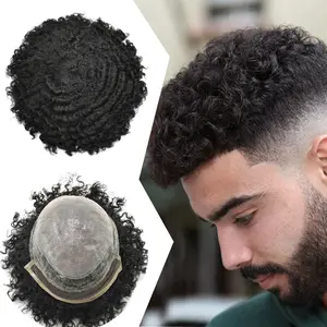 Afro Men Hair Unit French Lace with Injected PU Skin Non Surgical Mens Toupee for African American Mens Hair Piece Brazilian Human Hair System