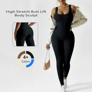 Women's Solid Color Square Neck Sleeveless Backless Hip-Lift Slim-Fit Full Body Jumpsuit, Stretchable Sports Gymwear, Jumpsuits for Women, Spring Summer Workout Activewear