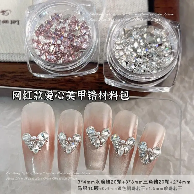Super Sparkle White Pink Mix Chamfered Zircon Love Heart Diamond Nail Art Rhinestones Decorations Manicure Material Caviar Set