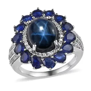 Blue Star Sapphire, Sapphire & Zircon Halo Ring in Rhodium over Sterling Silver 10.20ctw