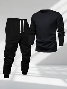 Men's Crew Neck Long Sleeve T-Shirt + Ribbed Joggers Set - Regular Fit Sports Shirt and Pants with Elastic Waistband and Drawstring, Casual Athletic Ankle-Length Pants Two-Piece Outfit, Suitable for Fashion Streetwear, Outdoor Leisure, Running Workouts