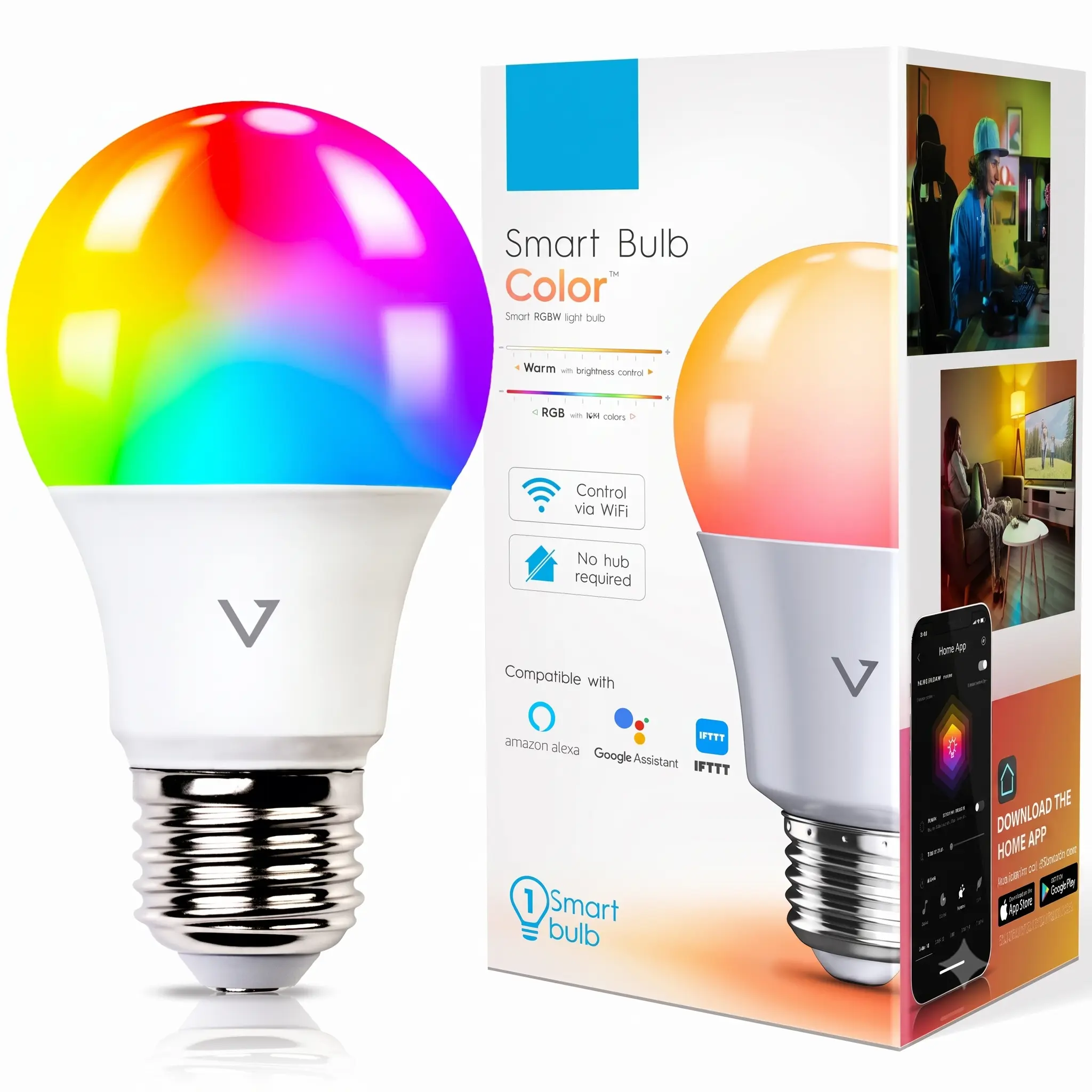 Smart Light Bulbs [1 Pack], WiFi & Bluetooth 5.0, Compatible w/ Alexa & Google w/o Hub, Dimmable, Music Sync, Schedules, Color Changing Light Bulb, RGBW Smart Bulb Lights, LED Bulb, A19/E26, 9W, 810LM