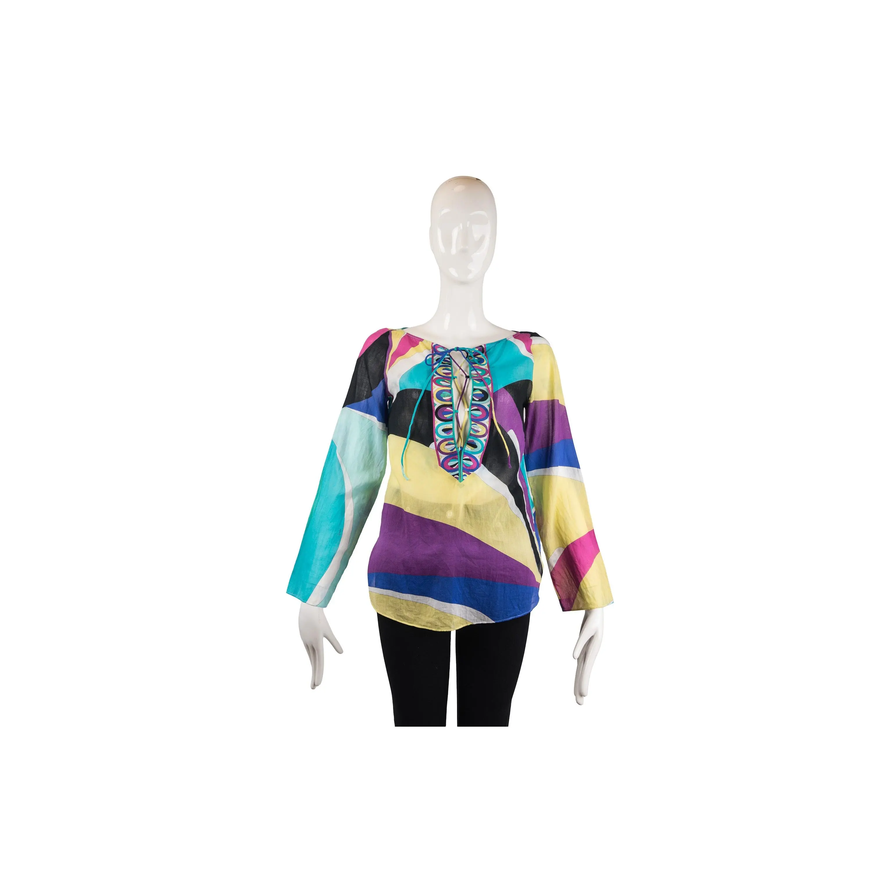 Emilio Pucci Blue Green Yellow Printed Linen Top Size 4