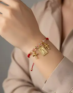 Adjustable Woven Red Thread Bracelet with Religious Pendants and Crosses with Crystals in Brass with 18k Gold Plating