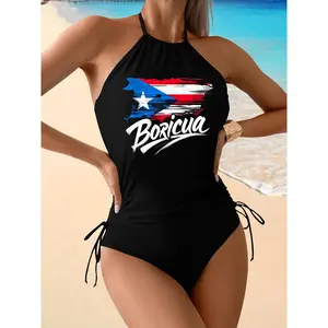 2-Piece Puerto Rico Flag Boricua Tankini Set with Halter Tops, Summer Drawstring Neck, Tummy Control, Sleeveless Design, High Stretch Fabric, Geometric-Pattern Applique