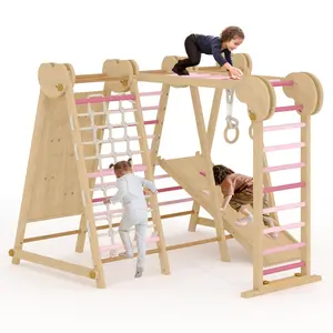 7-in-1 Wooden Indoor Jungle Gym for Kids 2-8, Toddler Playground with Slide Climbing Wall Monkey Bars, Climbing Playset