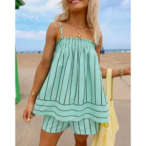 Women Striped Shorts Set Smocked Spaghetti Strap Tops and Elastic Waist Shorts 2 Piece Casual Outfit