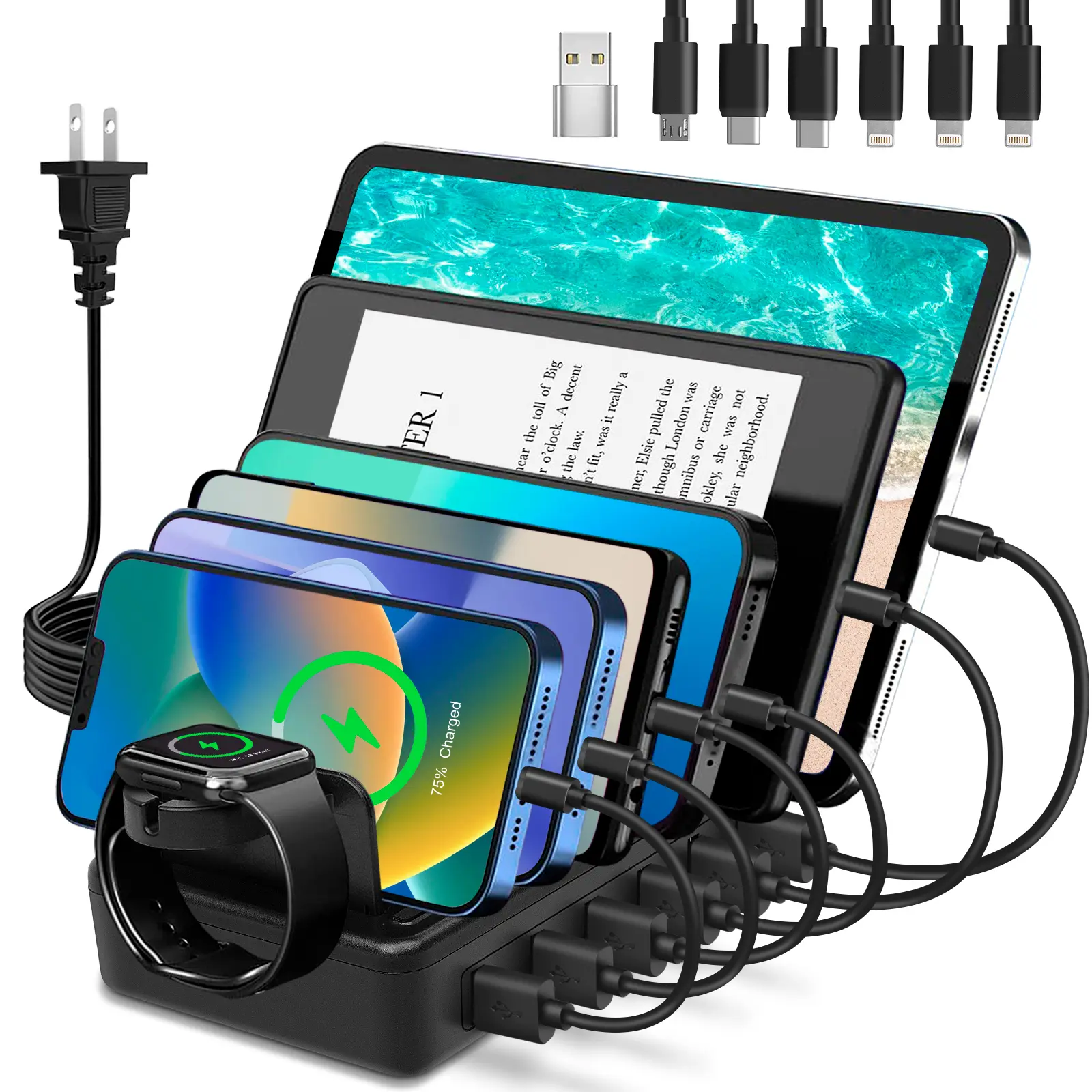 50W Multiport Electronic Portable Charger - 6-Port USB Fast Charging Station with 10 Slots, Detachable Dividers, Watch Holder, Includes 6 Short Cables for Smartphone, Kindle, Tablet