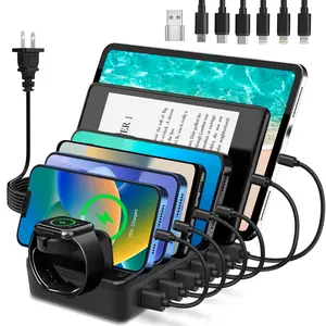 Fast Charging Station for Multiple Devices, 50W 6-Ports USB Charging Station with10-Slot, Detachable Dividers, Watch Holder, Compatible With Phone/Kindle/Tablet (6 Short Cables Included)