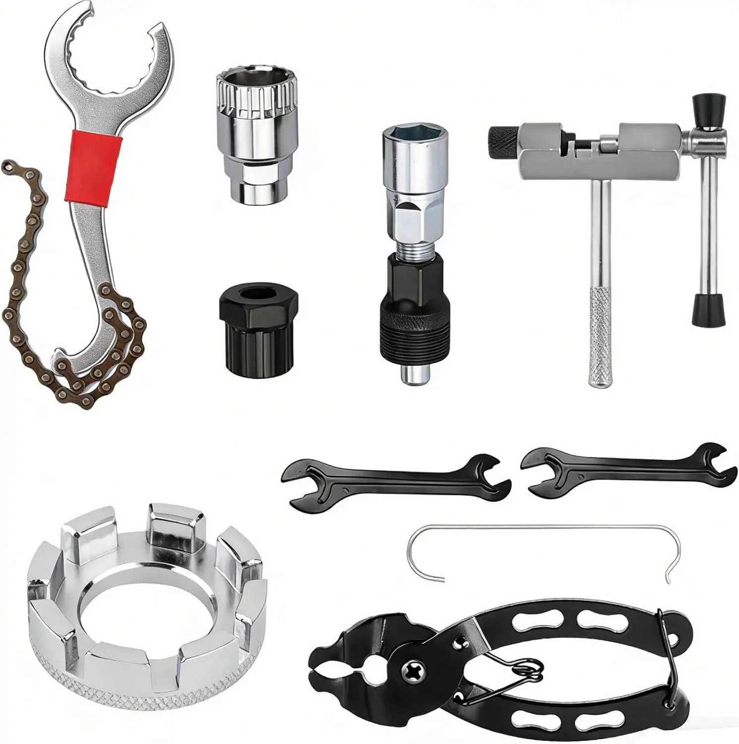9Pcs Carbon Steel Professional Bicycle Repair Tool Kit for Mountain Bikes, Including 3-in-1 Cassette Remover, Wrench, Crank Puller Extractor, Bottom Bracket Freewheel Remover, Link Pliers, Chain Breaker, Work, On The Road, Diy Maintenance